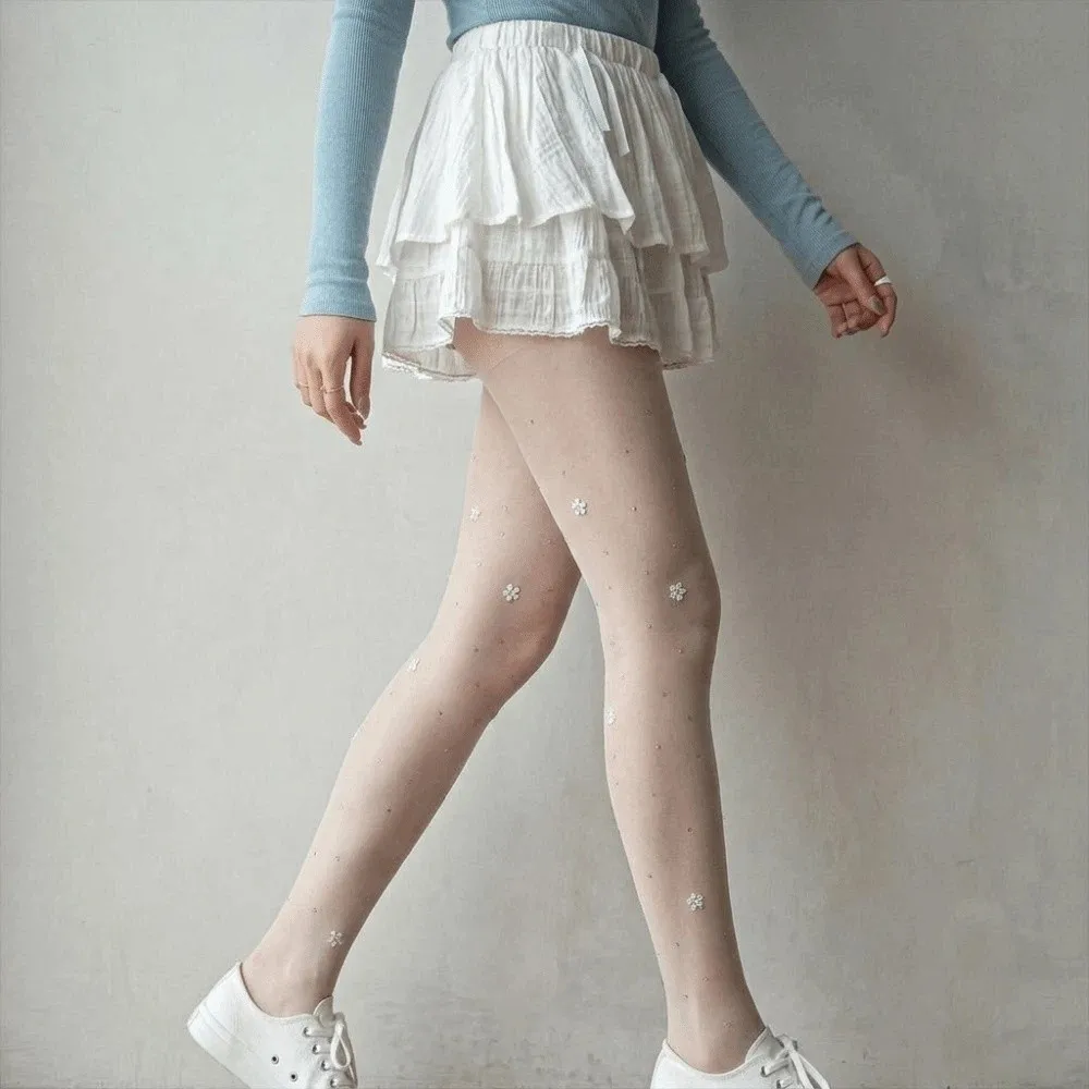 Street Fashion Y2K Rhinestone Pantyhose Dopamine Shiny Silk Stockings Hot Girl Style Transparent Flower Tights Dance