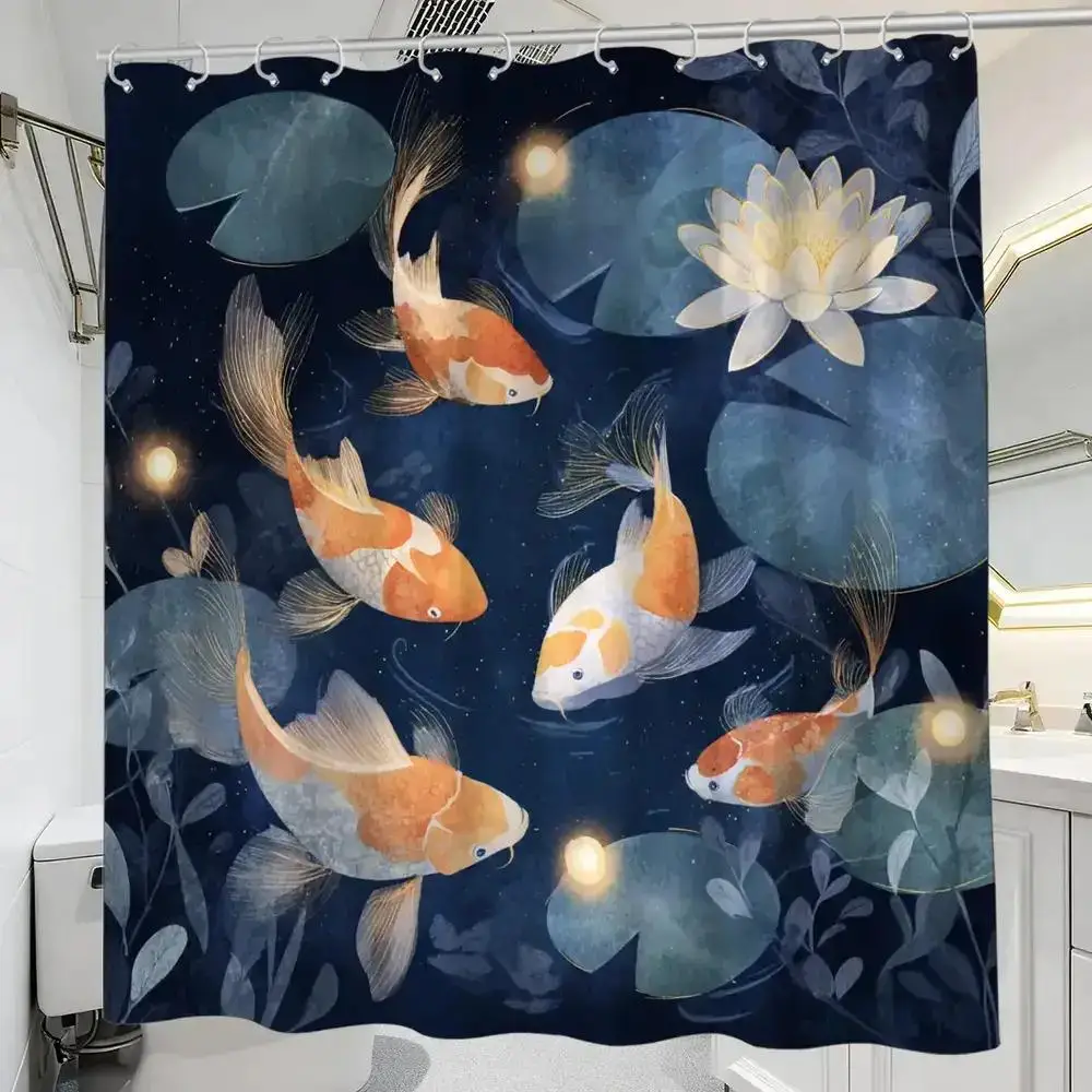 Oriental Koi Pond Shower Curtain – Watercolor Lotus & Goldfish, Serene Night Scene, 12 Hooks, 70.87×70.87