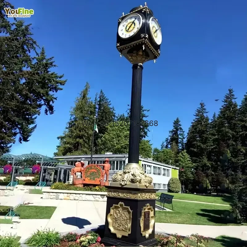 Wmwmnu Outdoor Modern Black Stainless Steel Tower Clock Sculpture Large Scale Functional Metal Art for City Square and Park