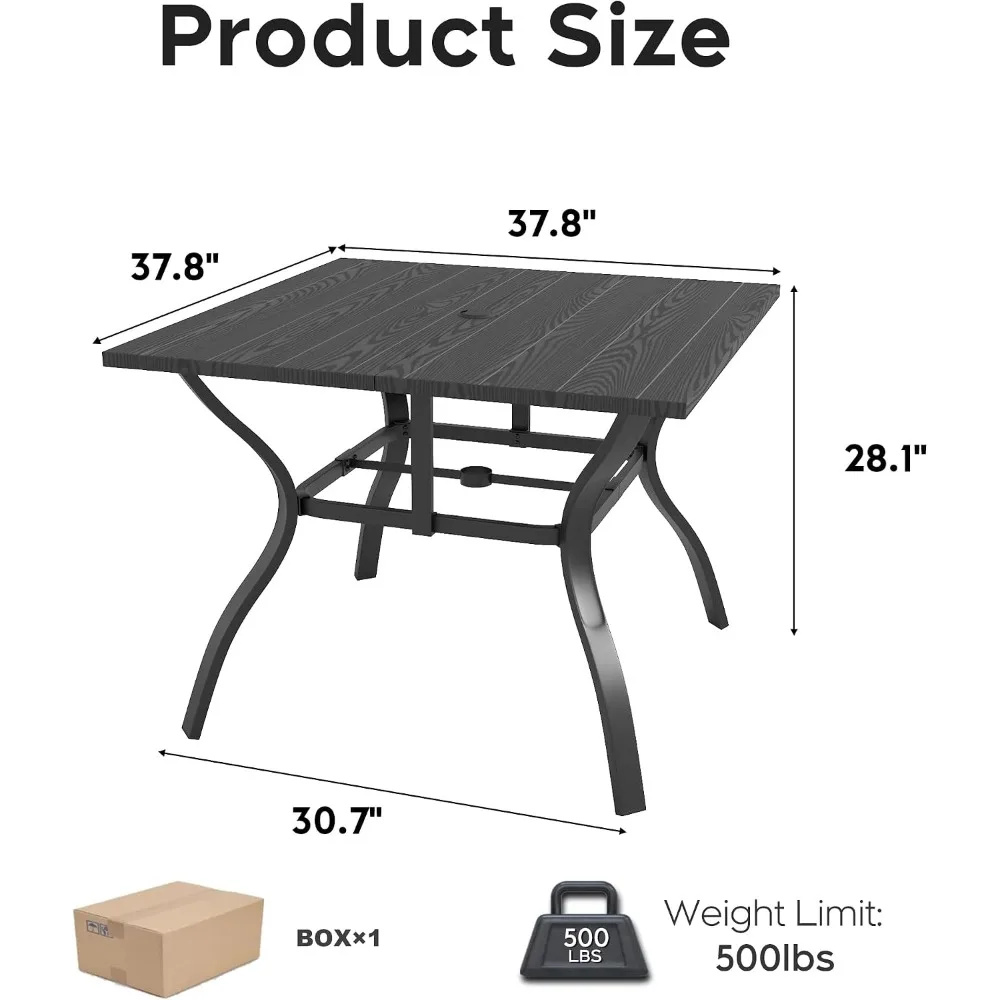 Patio Outdoor Dining Table, Wood-Grain Square Metal with Umbrella Hole, 37.8x37.8 in, Black