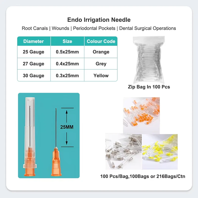 100Pcs/Bag 25G/27G/30G Dental Endo Irrigation Needle Tip Endo Syringe Root Canal Washing Needle Tip Dentistry Materials