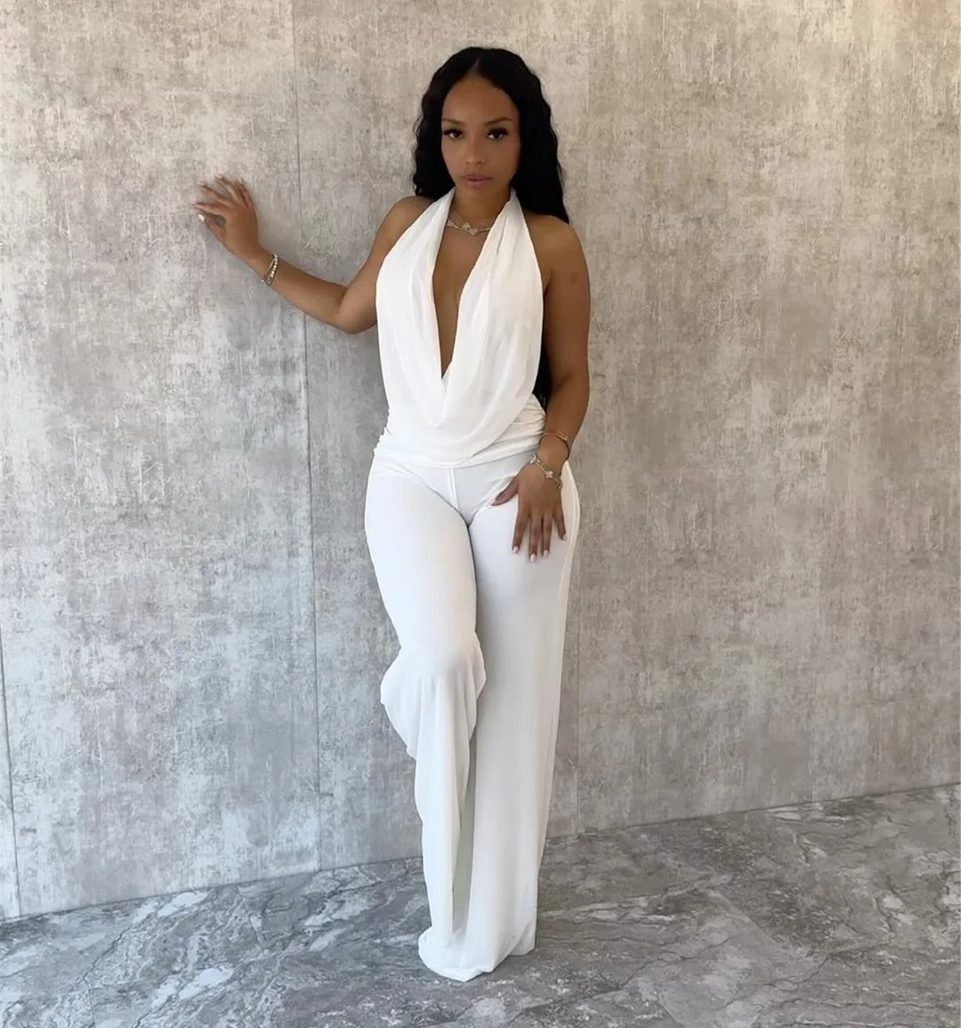 

Sexy Women's 2-piece Solid Color Casual Elegant Backless Neck Hanging Solid Color Mesh Top Elastic Waist Trousers Two-piece Set