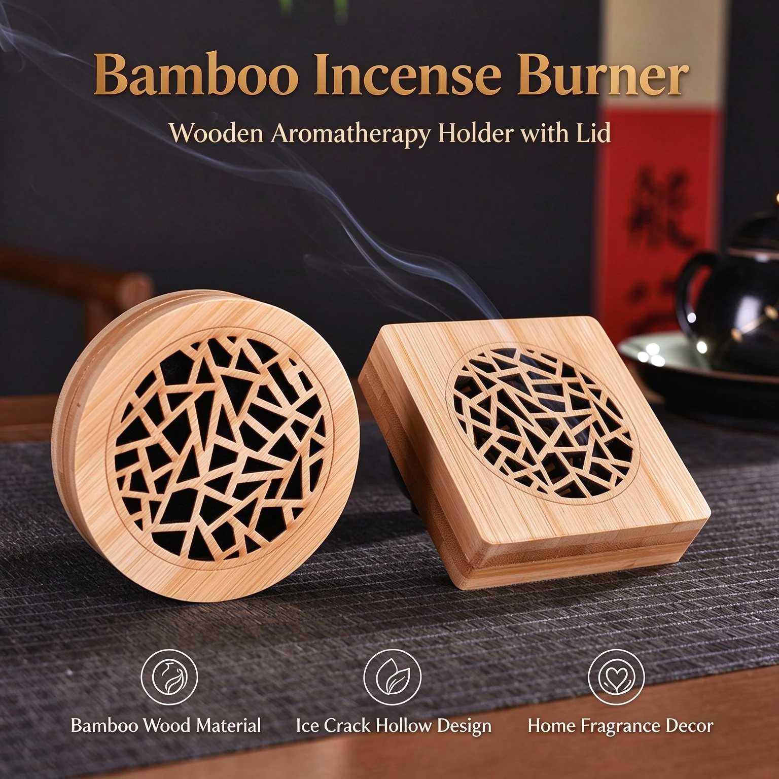 Nanmu Incense Coil Holder Hollow Window Grille Design Round Incense Box Home Aroma Decor Creative Tea Room Fragrance Accessory