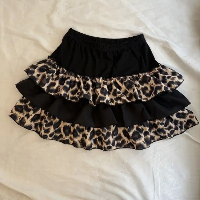 Women's Short Skirt Cute Leopard Print Patchwork Short Skirt Fluffy Skirt Half Body Skirt High Waist Fashion Hottie Cake Skirt