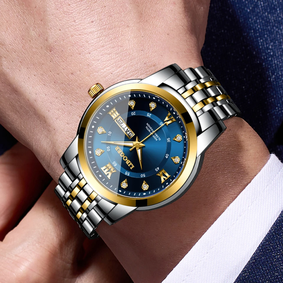 Reloj de lujo de acero inoxidable para hombre, negocios, esfera Roma con pedrería, calendario, cuarzo (sin caja) 2