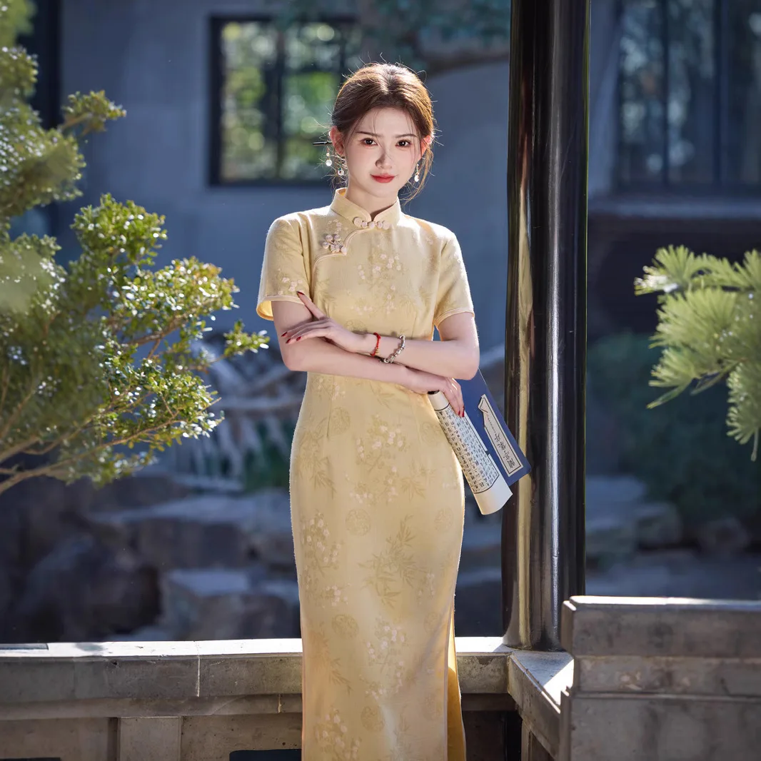 Yourqipao 2025 printemps et été nouveau Style bambou lin Jacquard en relief mi-long chinois Cheongsam pour les filles