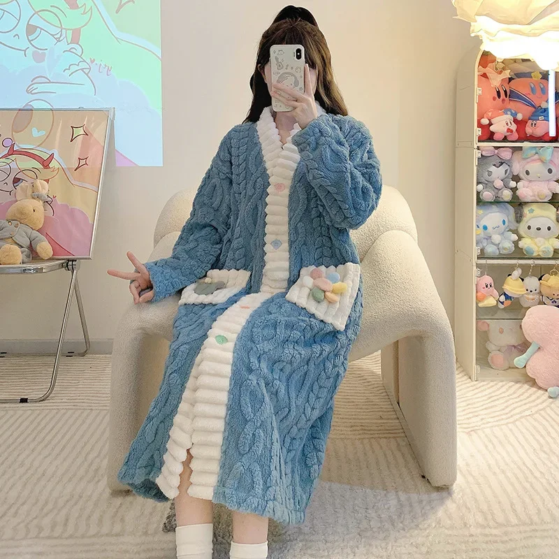 Plus Size Winter Pajamas for Women Sweet Long Robe Coral Velvet Cute Home Clothes Sleepwear Thick Flannel Comfy Lounge Bathrobe