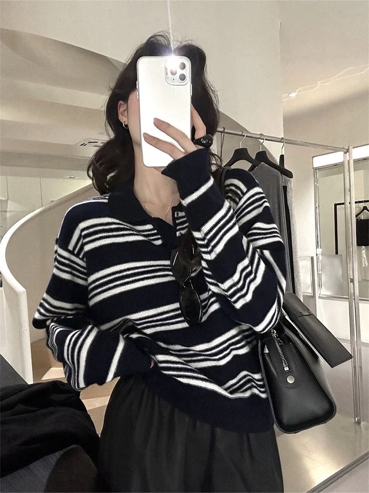 Pull tricoté ample et Long pour femme, rayé, confortable, mode coréenne, automne hiver, nouvelle collection
