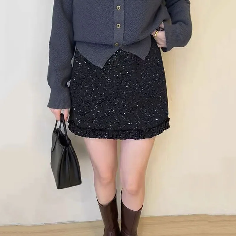 Women's Woolen Blend Short Skirt High Waist Skinny Sequin Sexy Mini Skirts Female Fashion Lace Hem Splicing A-Line Skirts