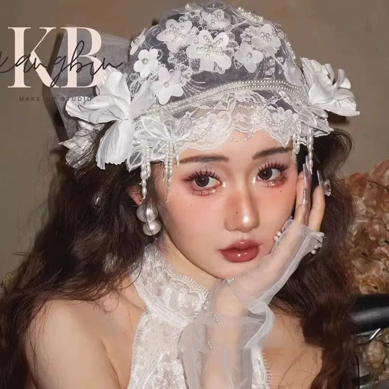 

2025 New White Crystal Tassel Lace Hair Cap Bridal Wedding Headwear Women's Fashion Hair Accessories Performance Headwear