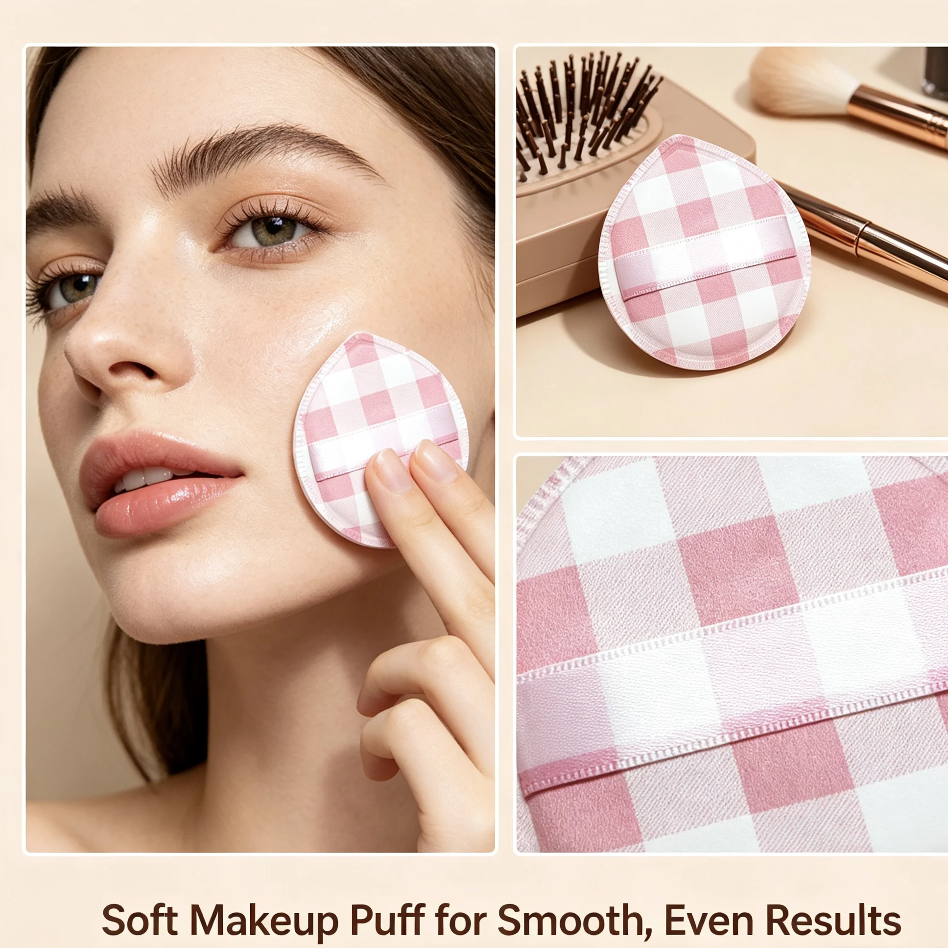 White checkered water-drop-shaped cushion powder sponge, a makeup tool for quick application without absorbing powder.