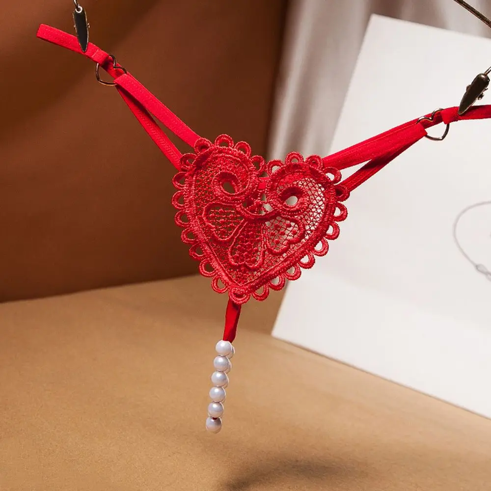 

Transparent Open Crotch Flower Embroidery Love Heart Pearl Massage Panties Underwear Lingerie Thongs