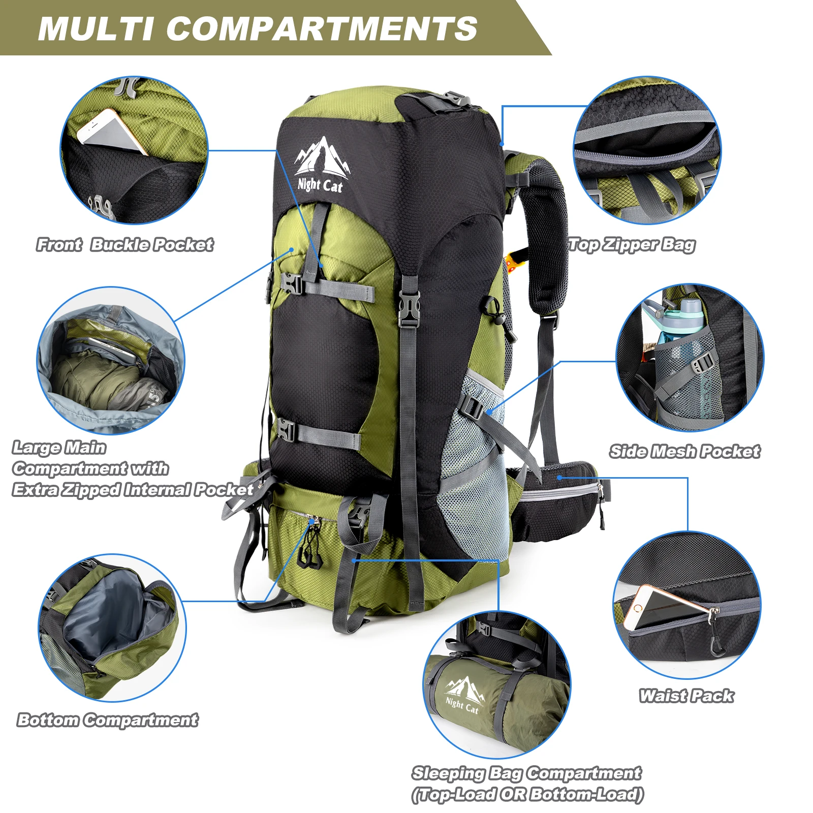 Mochilas leves para caminhadas para homens e mulheres, mochilas para campismo, ao ar livre para viajar, sem moldura interna, 70L