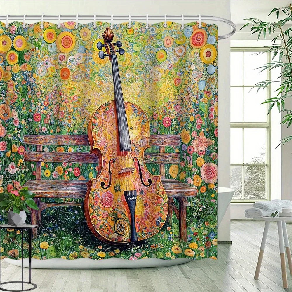 

~O~ Картина маслом Виолончель Цветочный пейзаж Занавеска для душа - Яркий художественный декор для ванной комнаты, Природный пейзаж, Полиэфирная ткань, 12 Ho