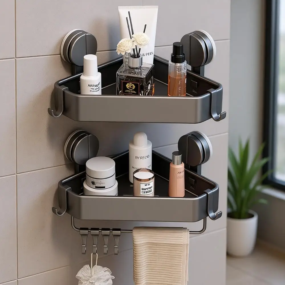 

Набор из 2 держателей для душа на присосках, без сверления, нержавеющий органайзер с полотенцедержателем и крючками, съемное серое хранилище для ванной комнаты