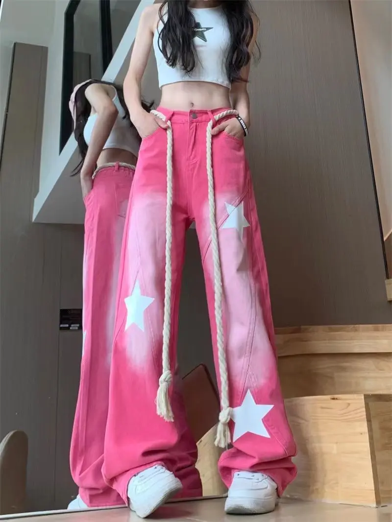 Pantalones vaqueros ajustados con diseño de estrella pequeña, Jeans rosas sueltos de cintura alta, pantalones vaqueros rectos de moda, pantalones Harajuku Retro de talla grande