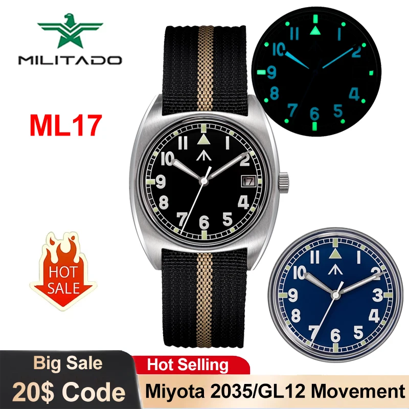 

Militado ML17 Кварцевые часы Miyota Super 2035/GL12 Механизм C3 и BGW9 Luminova 100 м Водонепроницаемые часы K1 Зеркальные военные часы