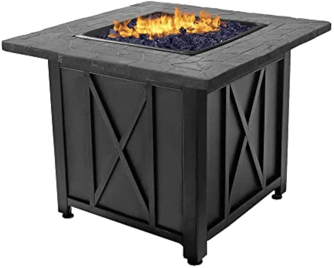 30 Inch Square 30,000 BTU Liquid Propane Gas Outdoor Fire Pit Table w/Push Button Ignition, Blue Fire Glass, & Steel Fire Bowl