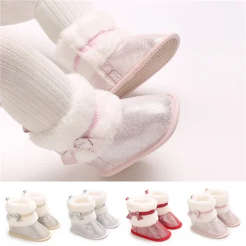 Suefunskry Newborn Baby Girl Winter Warm Plush Boots Shiny Flats with Cute Bows Casual Walking Shoes for Toddler Infant