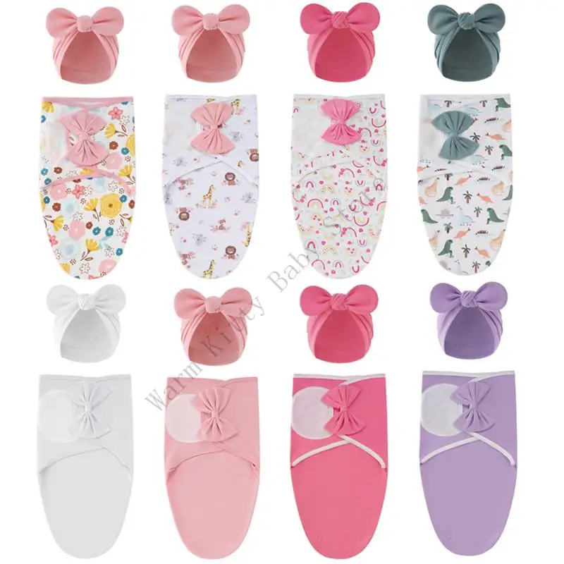 New 2 PCs Cotton Newborn Sleeping Bag Fetal Hat Set Cartoon Bowknot Baby Turban Cap For 0-1 Months