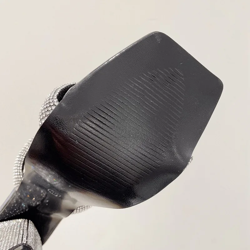 Glitter Rhinestones Triangle Thick Heel Slippers Sexy Street Woman Square Toe Dress Party Shoes New Summer Sandal Runway Style