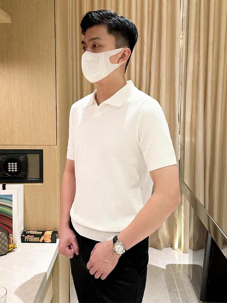 

Men's Knitted Short Sleeve Shirt Fashionable Summer White with Cuff Oxford Collar Slim Fit Business Casual Breathable Cool