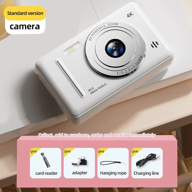 Цифровая камера 4K, портативная ретро-камера CCD, камера начального уровня, двойная камера со вспышкой, 50-ллионная камера с автофокусом, белая