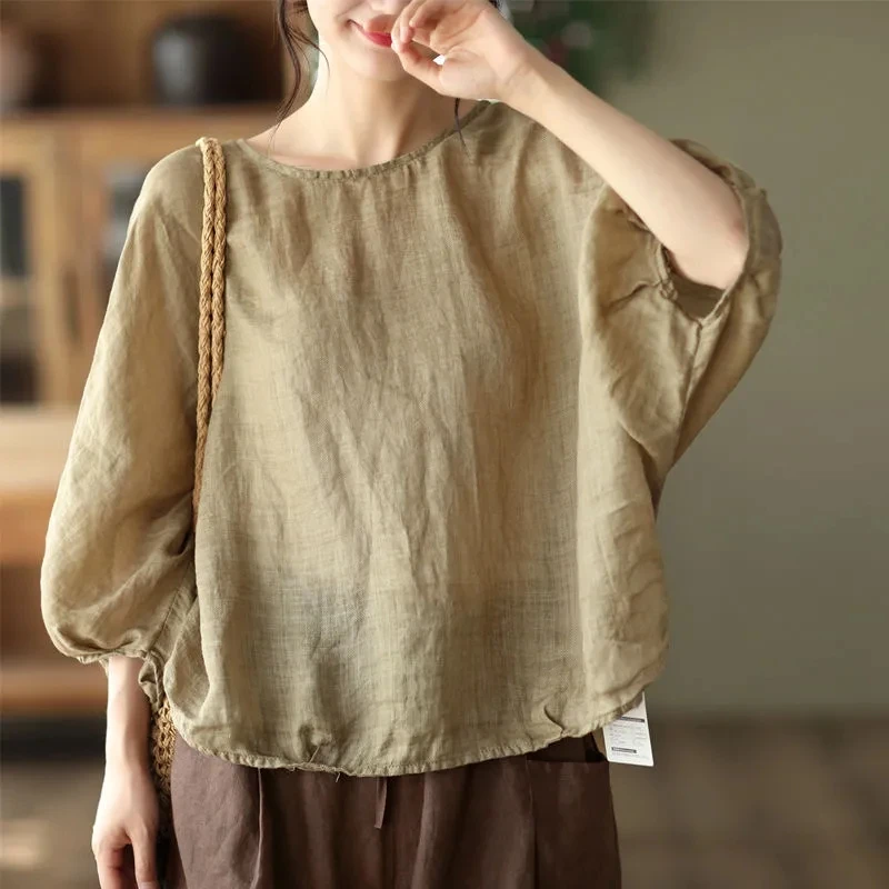 Linen Cotton Batwing Sleeve T-Shirt Women's Loose Fit Lightweight Breathable Overhead Style Summer Sun Protection Tee