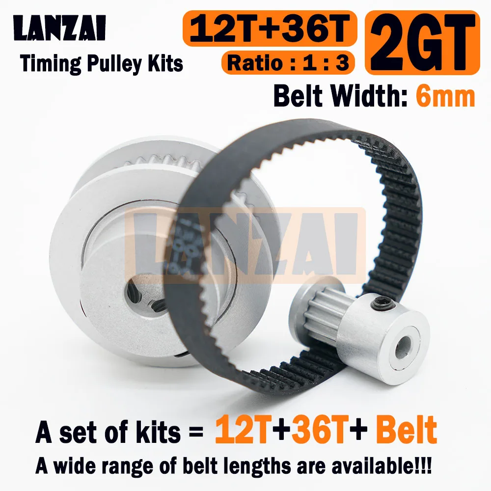 LANZAI 2GT Timing Belt Pulley kit, Set roda katrol 12 gigi rasio 1:3 lebar sabuk 6mm Aluminium GT2 12 T 36T untuk Printer 3D