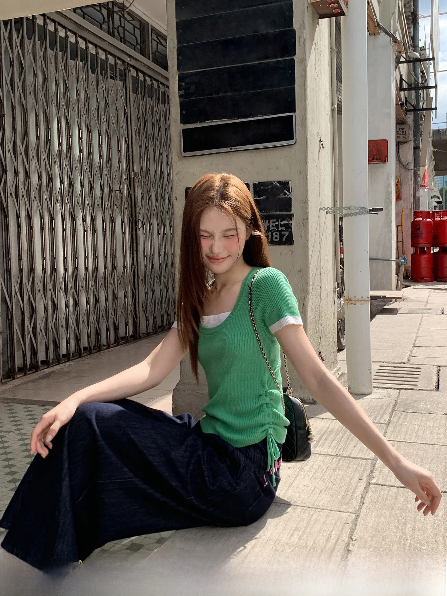 

Casual Style Women's Knitted Sweater Drawstring Waist Color Block Summer Leisure Versatile Short Sleeve round Neck Top