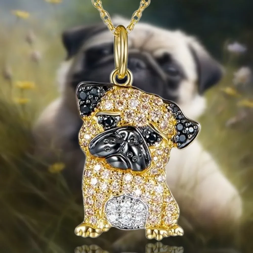 Cute Pugs Pendant Necklace - Dog Pet Necklace with Earrings, Cubic Zirconia Puppy Charm for Women