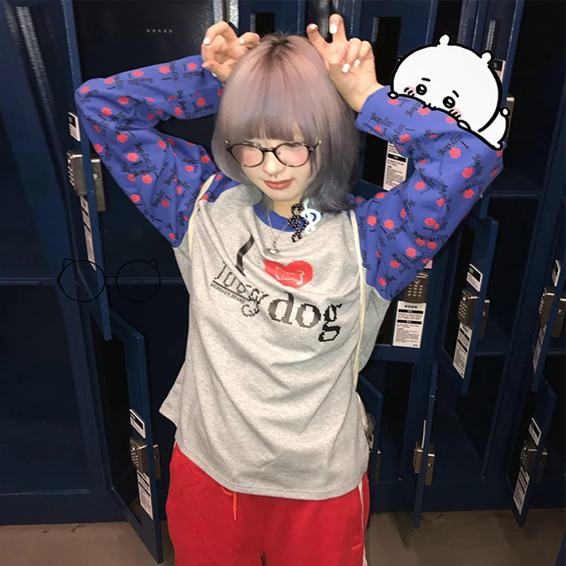 Tonngirls Harajuku Print T-shirt Vrouwen Patchwork Losse Casual Tee Tops Y2k Japanse Vintage Grunge Tops Amerikaanse Retro Herfst