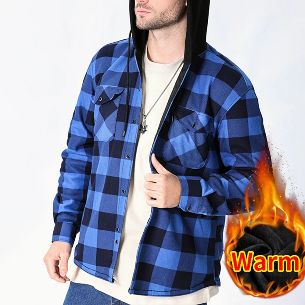 Men\'s Winter Jackets Large Size Flannel Casual Fleece Lining Hooded Plaid Shirts for Men Outwear Vintage Men Warm Coat