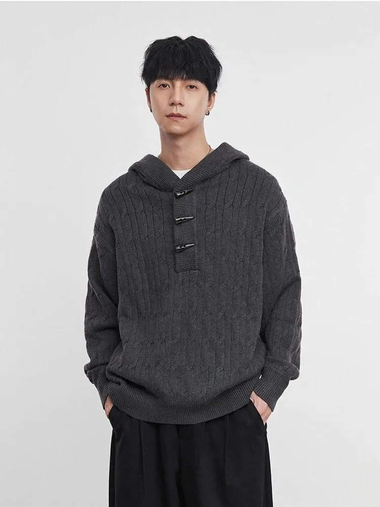 

ay Knitted Long Sve Hoodie Jaet Men's Autumn Winter American Retro Twist Knitwear Classic Button up Casual Outerwear