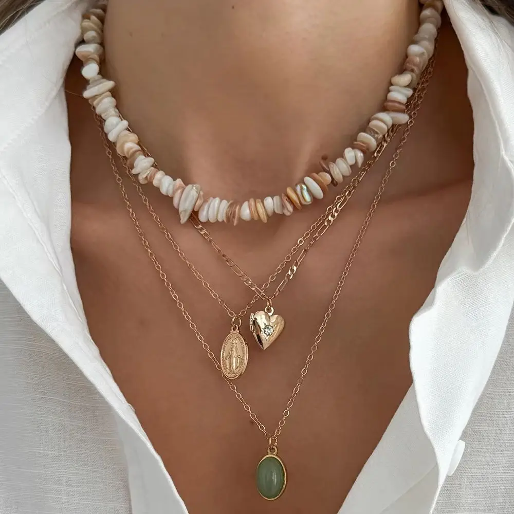 KunJoe 4Pcs/set Vintage New Gold Color Coin Heart Pendant Necklace Women Boho Trendy Irregular Bead Clavicle Chain Jewelry Gift