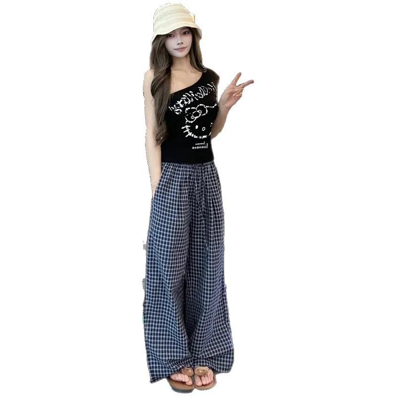 Blue Casual Plaid Pants Women's Summer New High-waisted and Thin Design Loose Drape Wide-leg Pants