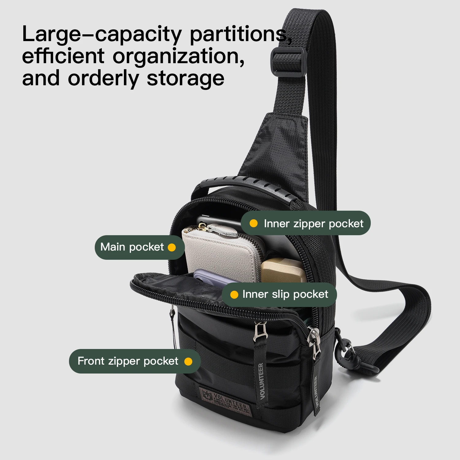 Volunteer Chest Sling Bag for Men Casual Oxford Waterproof Zipper Phone Breathable Outdoor Mens Crossbody Shoulder Bags 1829-02