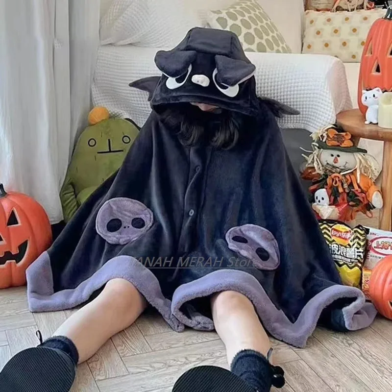 

COSda@Kawaii Cartoon Bat Y2k Blanket Plush Pajamas Anime Cloak Costume Halloween Adults Winter Ponchos Women Hooded Cape Customi