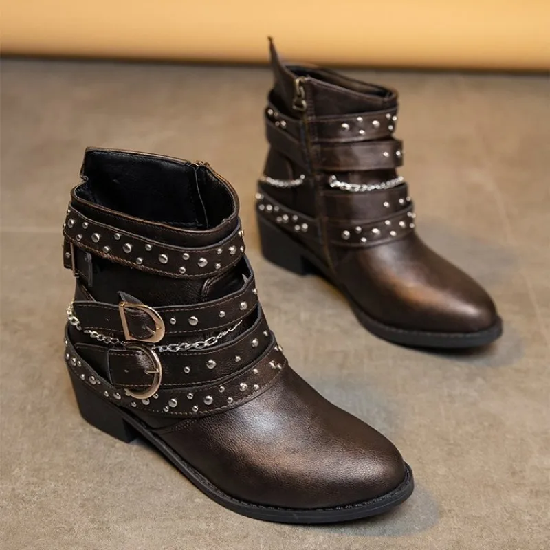 Rivet Punk Pleated Short Boots Women Square Heels Pointed Toe Wide Tube Casual Boots Belted Buckle Motorcycle Boots for Women