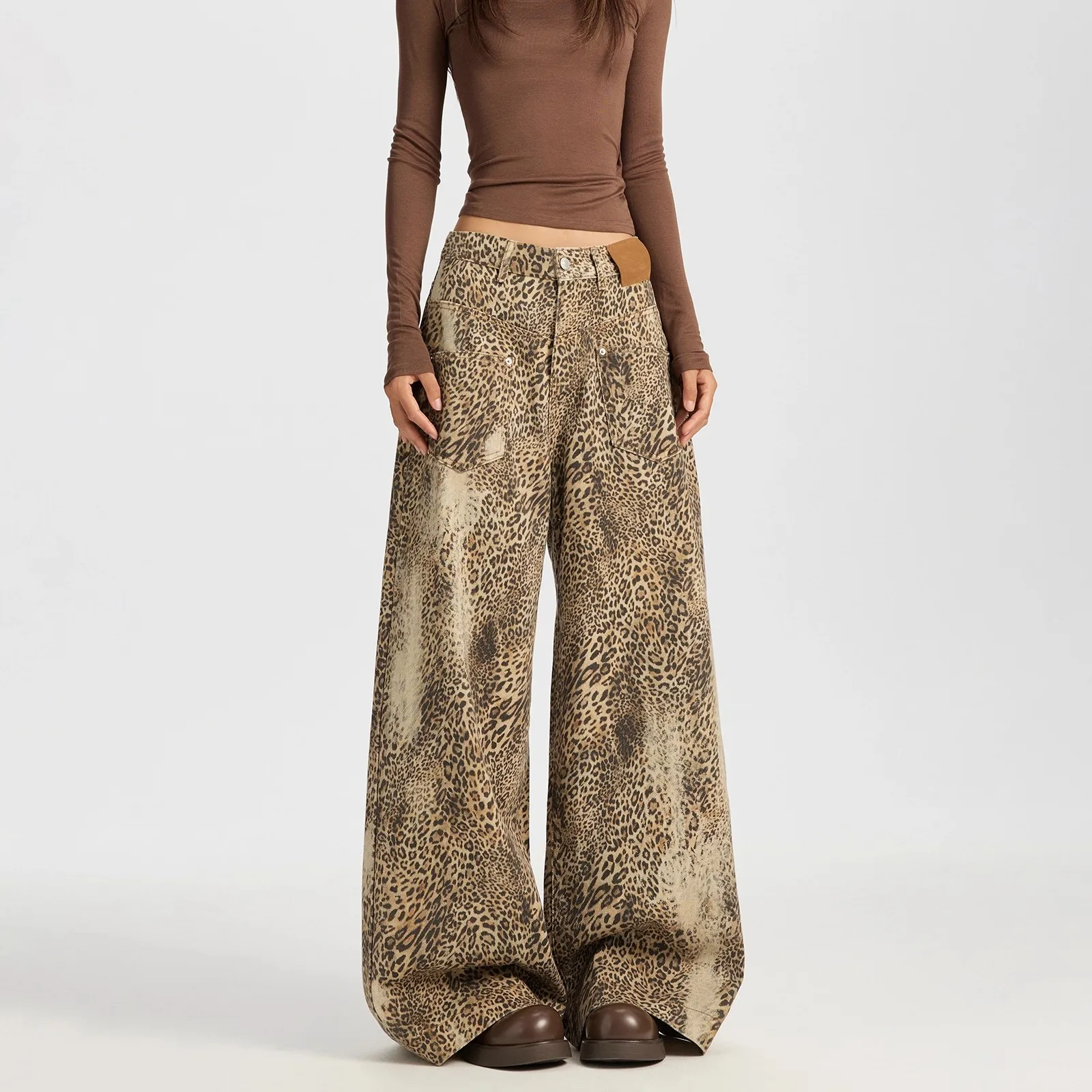 فضفاض واسعة الساق الجينز النساء عالية الخصر الرجعية ليوبارد طباعة مستقيم الجينز شارع العليا الشارع الشهير Y2k خمر سراويل جينز #4