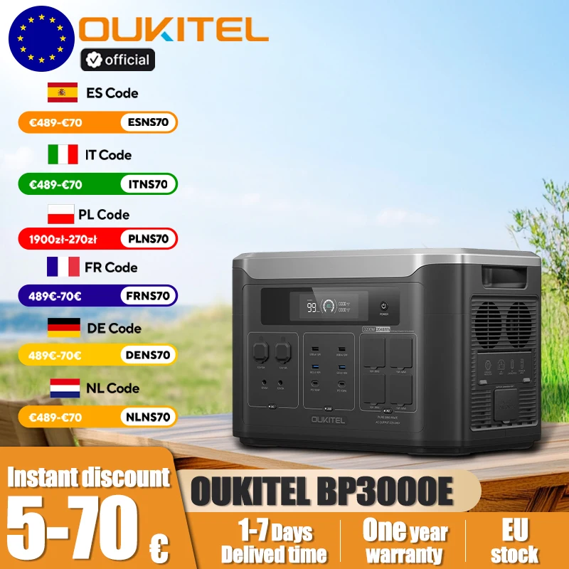 Centrale Électrique Portable OUKITEL BP3000E 3200W 2048Wh avec Batterie LiFePO4, Générateur Solaire 220V Prise EU, Alimentation de Secours Domestique, Recharge Murale Rapide, Onduleur à Onde Sinusoïdale Pure, Pack d'Énergie Solaire pour Extérieur, Voyage, Camping, Balcon