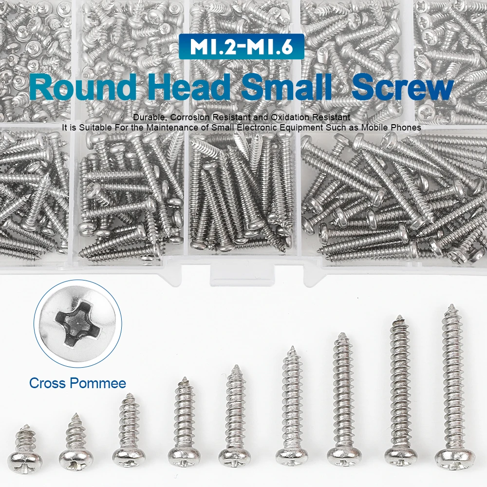 NINDEJIN Electronic Mini Screw Kit Stainless Steel M1.2-M2.6 Cross Pan Head Self Tapping Glass Phone Screw Set