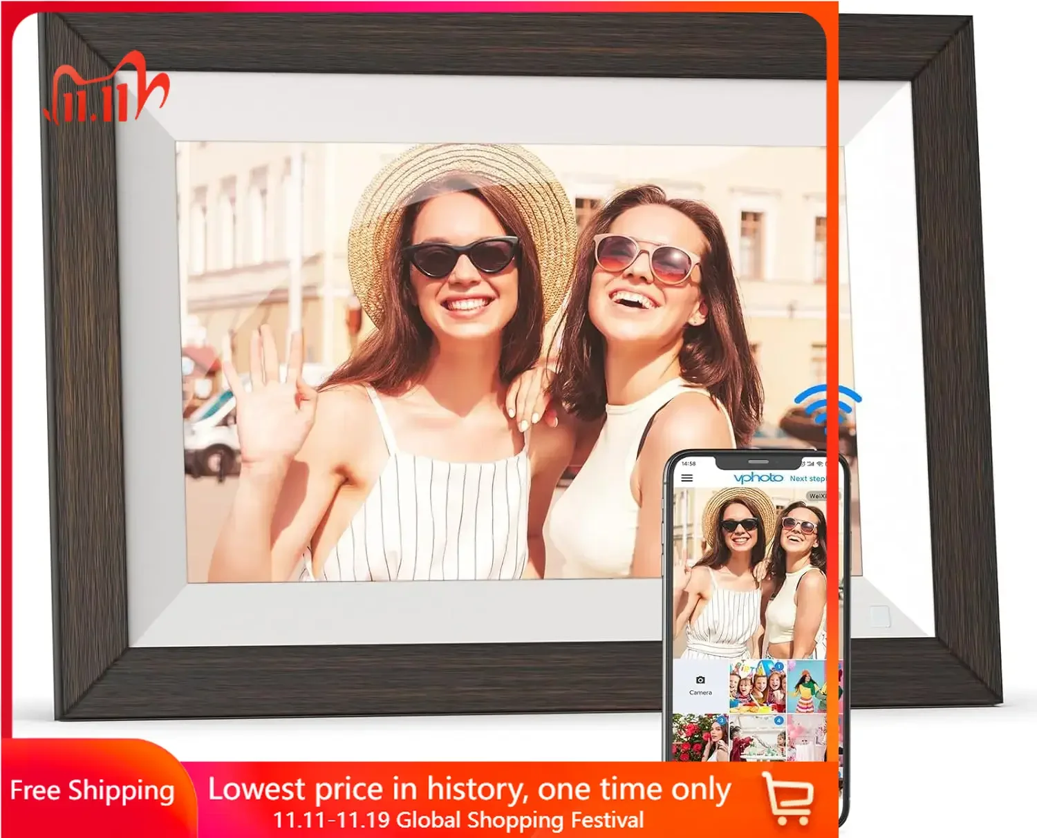 Electronic Photo Frame - Wooden Smart Photo Frame, Digital Album, IPS Touchscreen Large Storage Picture Frames & Albums