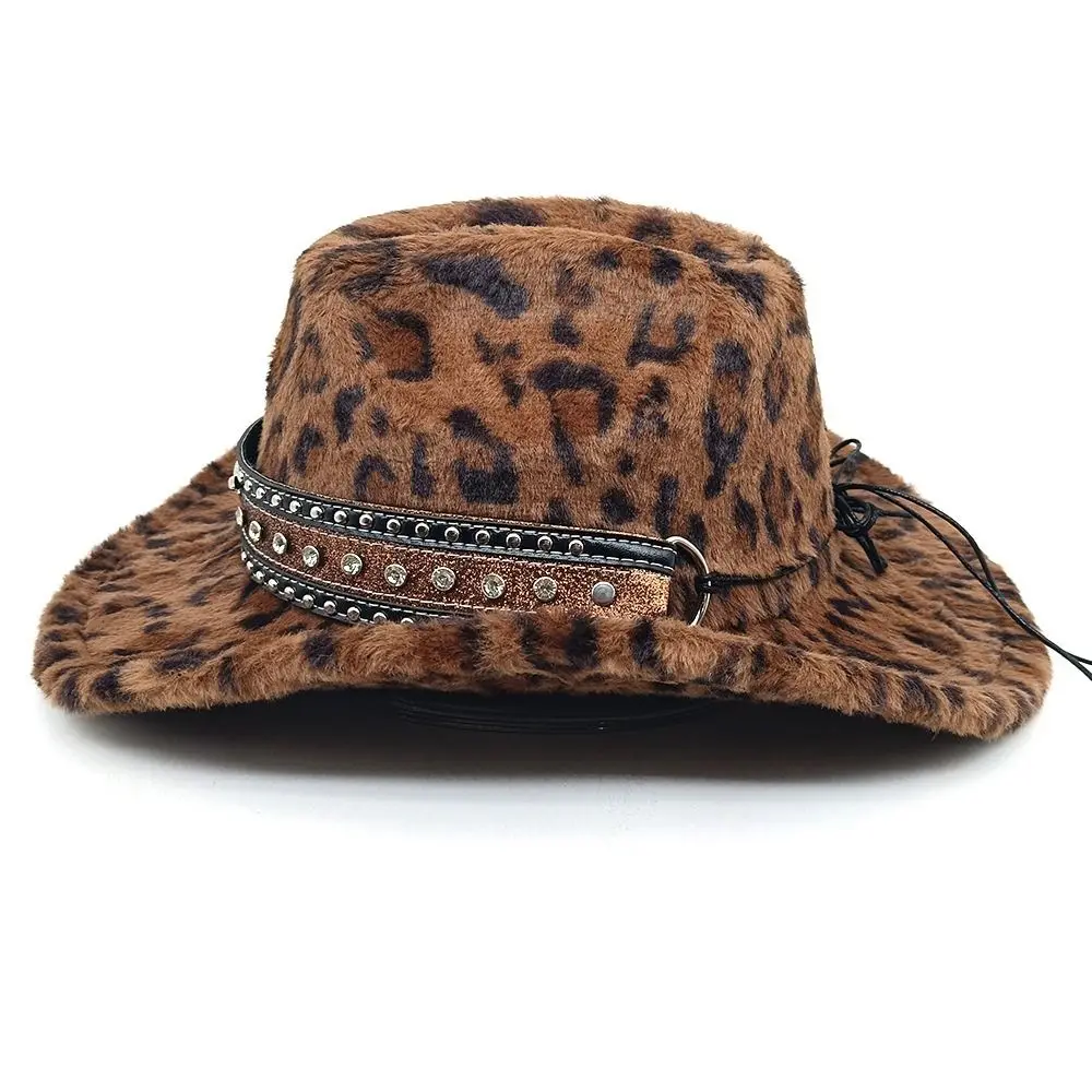 Leopard Print Faux Fur Cowboy Hat Rivet Detail Fluffy Wide Brim Cowboy Cap Windproof Bull Head Decoration