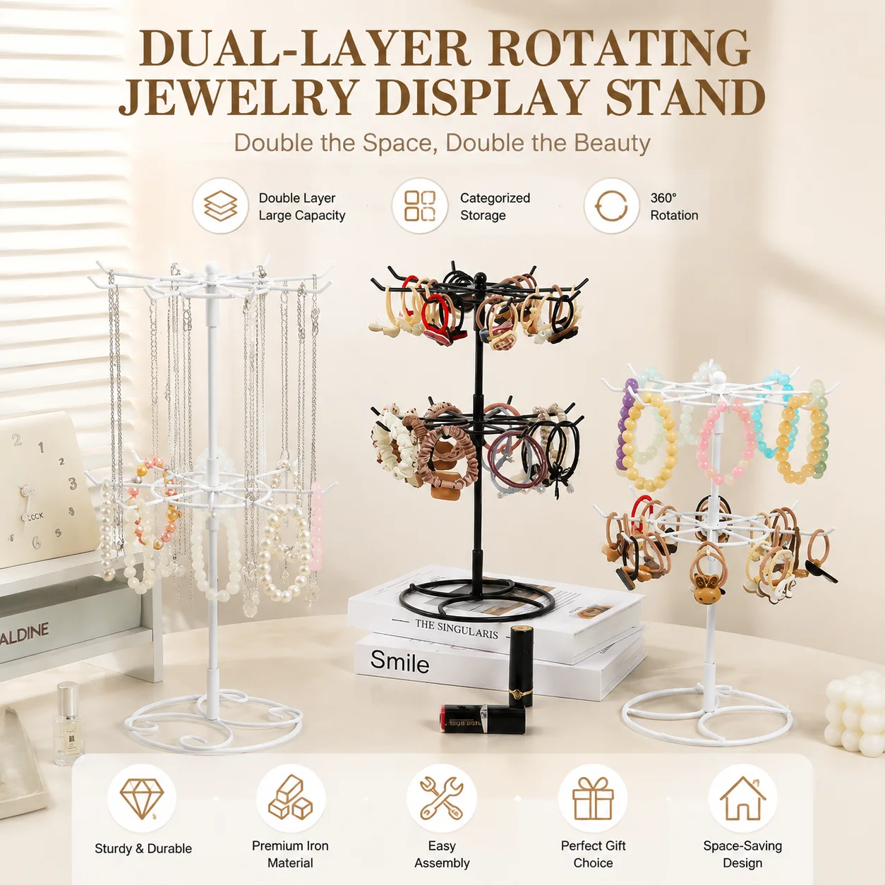 360° Rotating Dual‑Layer Jewelry Display Stand Metal Necklace Bracelet Holder Desktop Hair Tie Organizer Rack Home Storage Gift