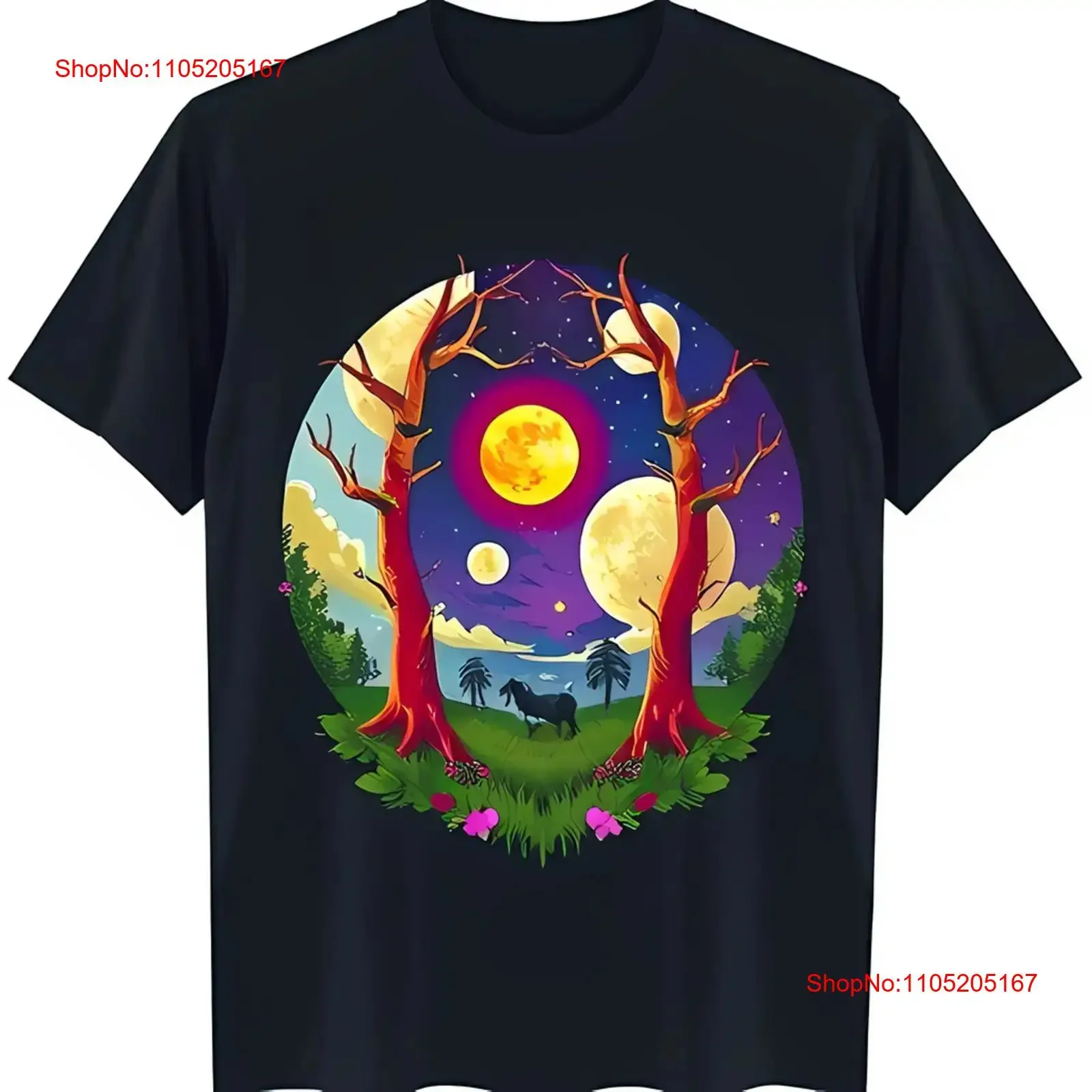 

Majestic Red Trees Night Sky T Shirt Unique Circular Design on Black vintage Washed Slightly fashion homme Stretched Versatile