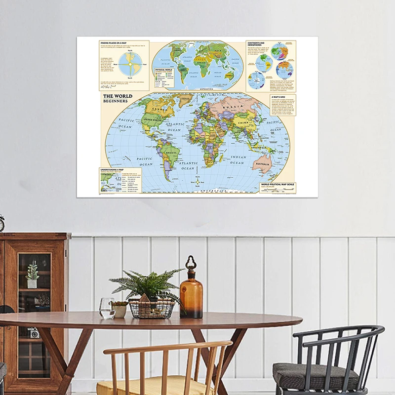 Mapa físico del mundo de gran tamaño con etiqueta detallada de la tierra, mapa no tejido, decoración de pared, imagen artística, suministros de educación escolar