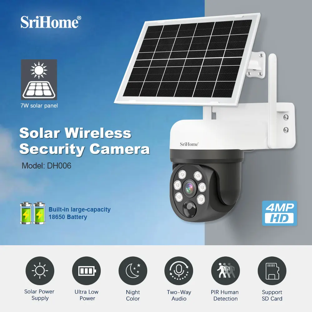 

SriHome 4MP DH006 WiFi Outdoor Solar Battery Camera Dual Use Ultra Low Power PTZ Wireless Waterproof CCTV Security