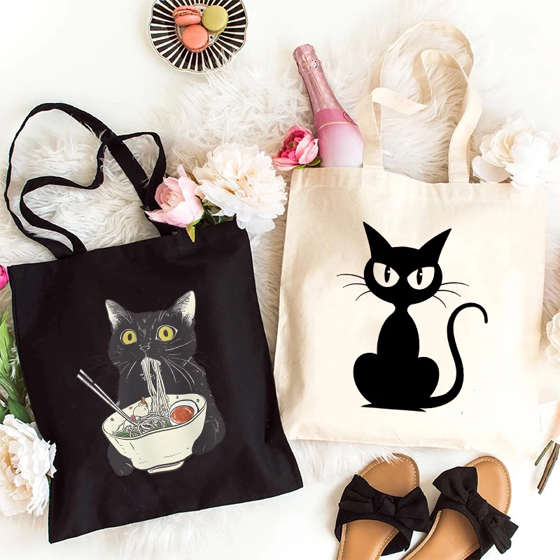 Black Cat Canvas Bag for Women Shopper Handbags Cute Kitty Environmental Storage Reusable Shoulder Tote Bag Kitten Handbag