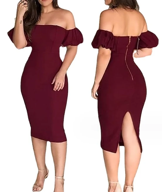 

2024 Women's Wine Red One-Shoulder Dress Sexy Wrapped Hip Skirt with Bubble Sleeve Zipper Back Split Tight Fit